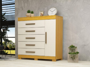 CÔMODA RAYANE 100% MDF 5 GAVETAS 1 PORTA – 1,20m – ACP – 5.3/TRA