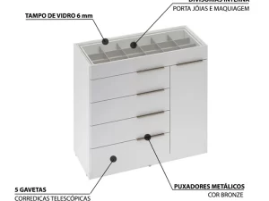 CÔMODA LUME C/PORTA JOIA – TAMPO VIDRO – 5 GAV – 5.4 – TRA