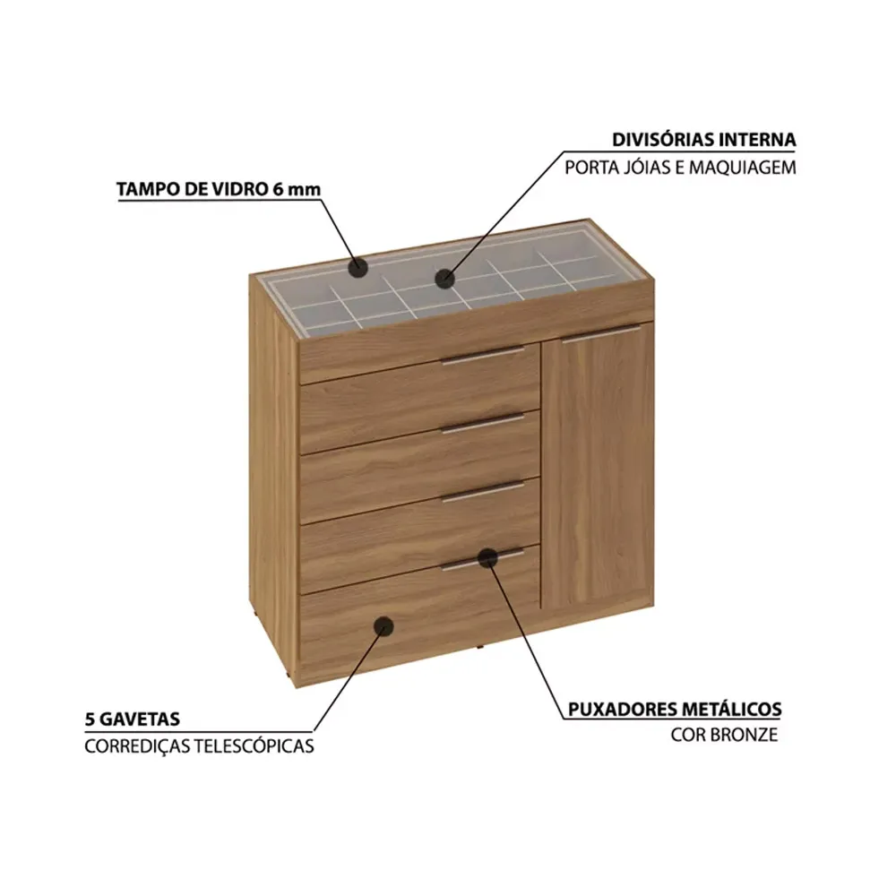 CÔMODA LUME 5 GAVETAS C/PORTA JOIA E TAMPO DE VIDRO - 1,11m - DEMOBILE - 5.4 - TRA - Imagem 3