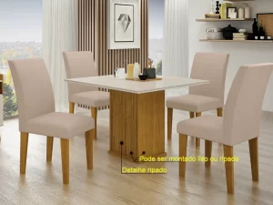 Mesa Jantar Napoli Tampo Vidro off 90×90 Freijó/Off Decor 4 Cadeiras Napoli Palha Leifer – 7,5- RF