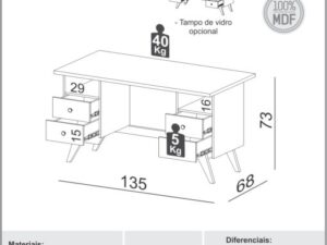 Mesa de Escritório C720VW Off White/Freijó – DALLA COSTA – 8.5 – TD