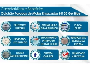 Colchão Casal d33 Paropas Molas Ensacadas Visco Gel MasterPocket Blue Pillow Top – 9. 3 /8.7- TD/PR