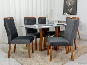 Mesa de Jantar Pedro Mel Tampo Vidro Off 160×80 6 Cadeiras Lisboa Assento Veludo  Madeira Maciça – 1.6 – RF