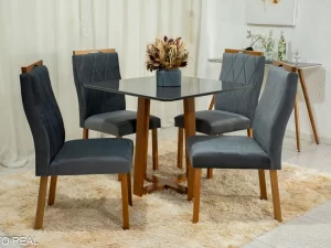MESA DE JANTAR PEDRO MEL 90×90 VIDRO COM 4 CADEIRAS VELUDO – ART ASSENTOS – 1.13 – LD