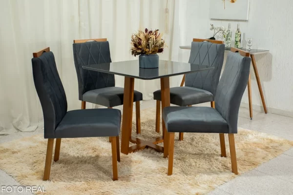 MESA DE JANTAR PEDRO MEL 90x90 VIDRO COM 4 CADEIRAS VELUDO - ART ASSENTOS - 1.13 - LD - Image 2
