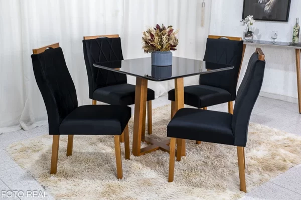MESA DE JANTAR PEDRO MEL 90x90 VIDRO COM 4 CADEIRAS VELUDO - ART ASSENTOS - 1.13 - LD - Image 3