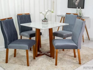 MESA DE JANTAR PEDRO MEL 90×90 VIDRO COM 4 CADEIRAS VELUDO – ART ASSENTOS – 1.13 – LD