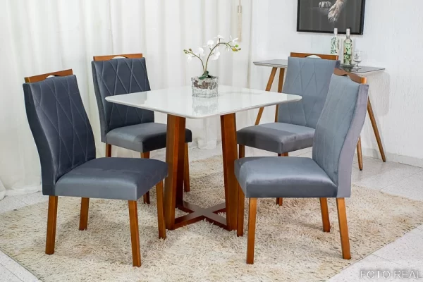 MESA DE JANTAR PEDRO MEL 90x90 VIDRO COM 4 CADEIRAS VELUDO - ART ASSENTOS - 1.13 - LD