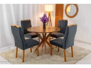 Mesa de Jantar Simpatia Tampo Redondo (108x108cm) + 4 Cadeira Lisboa Veludo JCM – 1.2/RF