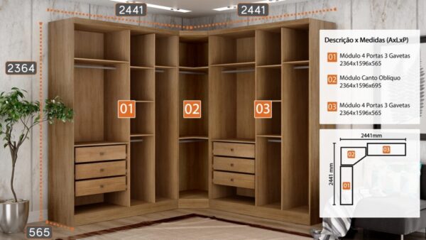 Roupeiro GR Modulado Rizon 001(Dois Módulos 4 Portas + Um Módulo Canto Oblíquo) 100%MDF - Novo Horizonte - 2,44m - 2.5/TD - Imagem 3
