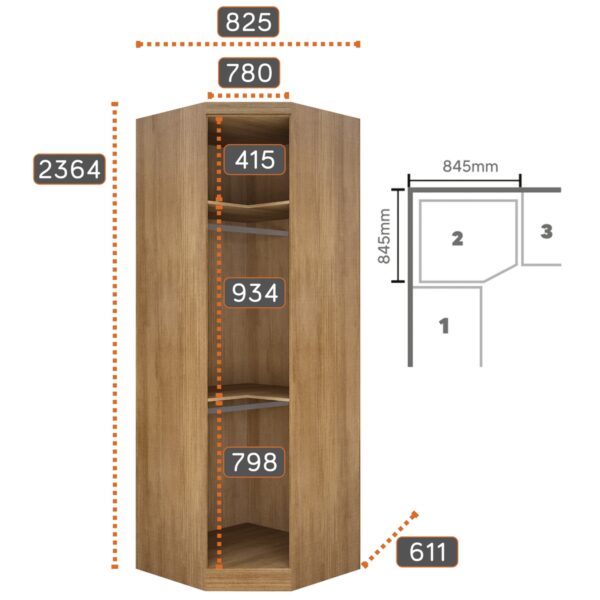 Roupeiro GR Modulado Rizon 001(Dois Módulos 4 Portas + Um Módulo Canto Oblíquo) 100%MDF - Novo Horizonte - 2,44m - 2.5/TD - Imagem 5