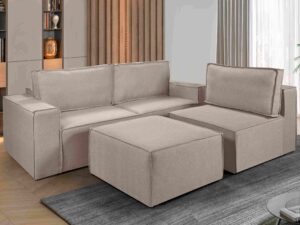Estofado Domino 320 3×90 Mais Braco 25 e Puff 90 Linho  Idealle- SR/1.65