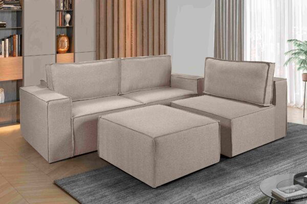 Estofado Domino 320 3x90 Mais Braco 25 e Puff 90 Linho  Idealle- SR/1.65