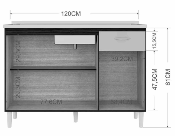 BALCÃO DE COZINHA 434 (PARA PIA) 3P1G COM TAMPO - 1.20m – POQUEMA – 2.1/CW - Imagem 2