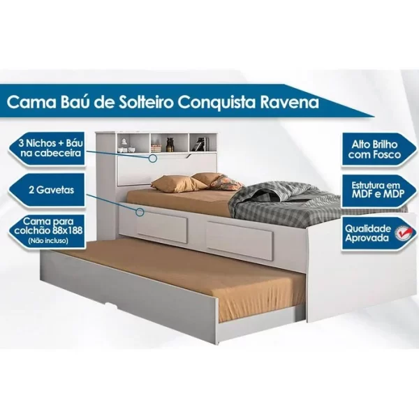 Cama Solteiro Ravena com 2 Gavetas e Cama Auxiliar – Conquista Moveis - 101cm - 6.0/PR - Imagem 3