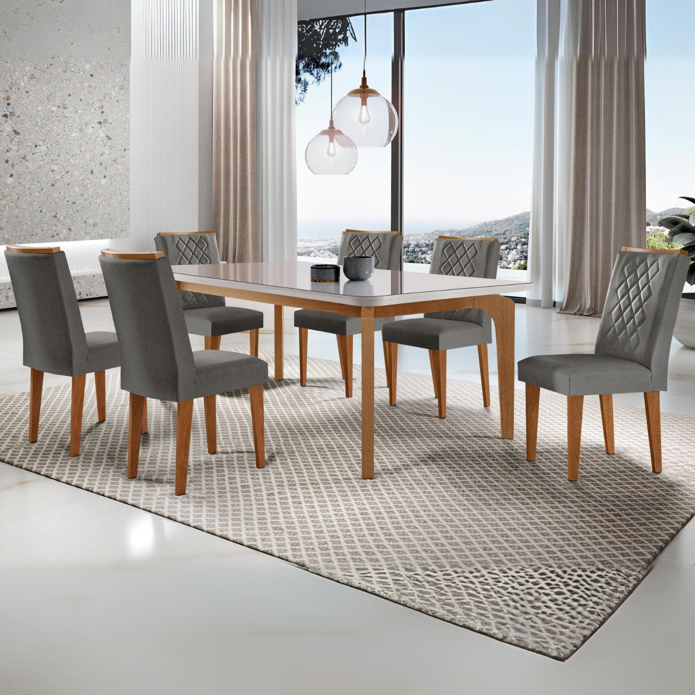 Mesa Londrina 1,80m Canto Copo Imbuia/off white c/ 6 Cadeiras Jade Linho Turim 07 – RUFATO- 1.5/TD - Imagem 3