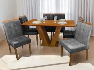 Mesa Classic 160 Cinamomo Laminado com 6 Cadeiras Sophia Mel/Veludo  – CEL MÓVEIS -1.0/TD