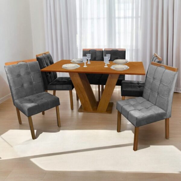 Mesa Classic 160 Cinamomo Laminado com 6 Cadeiras Sophia Mel/Veludo  – CEL MÓVEIS -1.0/TD