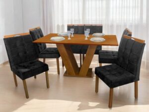 Mesa Classic 160 Cinamomo Laminado com 6 Cadeiras Sophia Mel/Veludo  – CEL MÓVEIS -1.0/TD