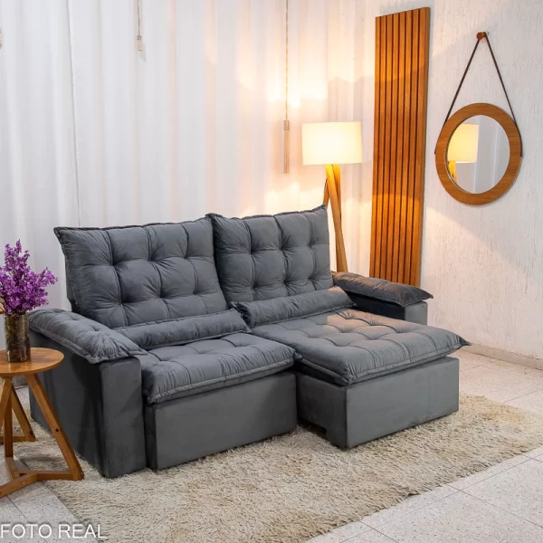 Sofá Retrátil Reclinável Bolívia 5 Lugares – Veludo Cinza - 2,0m - 9.7/RF