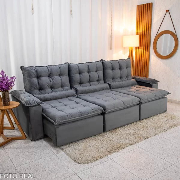 Sofá Retrátil Reclinável Bolívia 5 Lugares – Veludo Cinza - 2,70m - 1.4/RF