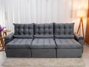 Sofá Retrátil Reclinável Bolívia 5 Lugares – Veludo Cinza – 2,70m – 1.4/RF