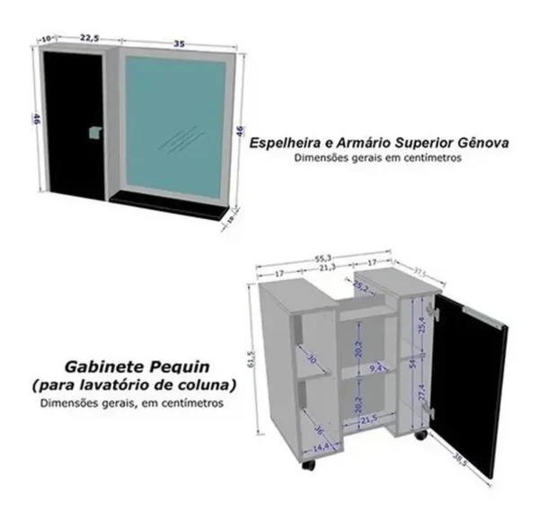 Gabinete/armário  Banheiro Pequin  1 Porta 5 prateleiras -55,3cm + Espelheira Genova -  2.8/FM - Imagem 2