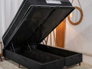 Base Box Baú Casal Bipartido Carioca Sued Preto + Colchão Casal Airtech 150 Ortobom – 68x138x188 – 1.6/RF