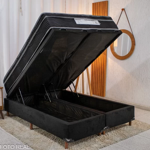 Base Box Baú Casal Bipartido Carioca Sued Preto + Colchão Casal Airtech 150 Ortobom - 68x138x188 - 1.6/RF