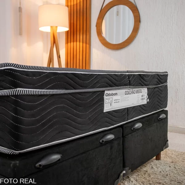 Base Box Baú Casal Bipartido Carioca Sued Preto + Colchão Casal Airtech 150 Ortobom - 68x138x188 - 1.6/RF - Imagem 5