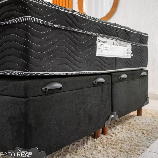 Base Box Baú Casal Bipartido Carioca Sued Preto + Colchão Casal Airtech 150 Ortobom - 68x138x188 - 1.6/RF - Imagem 4