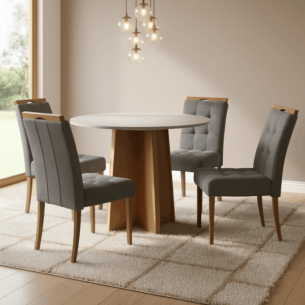Mesa Redonda Celebrare 100 Amêndoa Clean/Off White com 4 Cadeiras Sophia Veludo - LOPAS + WM DECOR - 1.00m - 1.0/TD - Imagem 3