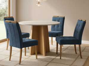 Mesa Redonda Celebrare 100 Amêndoa Clean/Off White com 4 Cadeiras Sophia Veludo – LOPAS + WM DECOR – 1.00m – 1.0/TD