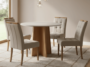 Mesa Redonda Celebrare 100 Amêndoa Clean/Off White com 4 Cadeiras Sophia Veludo – LOPAS + WM DECOR – 1.00m – 1.0/TD