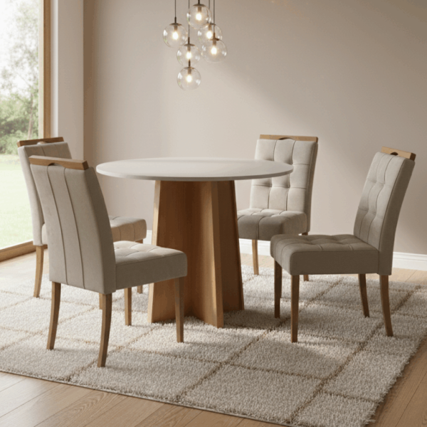 Mesa Redonda Celebrare 100 Amêndoa Clean/Off White com 4 Cadeiras Sophia Veludo - LOPAS + WM DECOR - 1.00m - 1.0/TD - Imagem 2