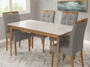 Mesa Alegra 120 Off c/ 4 Cadeiras Sophia Linho Cinza/Grafite 206 – JCM MOVELARIA + WM DECOR – 1.29 – TD