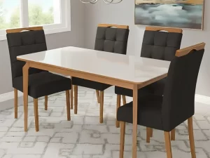 Mesa Alegra 120 Off c/ 4 Cadeiras Sophia Linho Cinza/Grafite 206 – JCM MOVELARIA + WM DECOR – 1.29 – TD